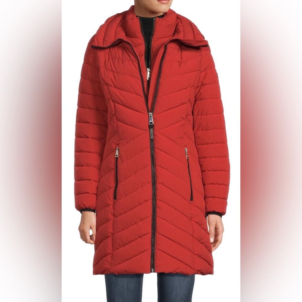 DKNY Saffron Red Long Chevron Bib Puffer w/ Hood Coat – XL & XXL – NWOT